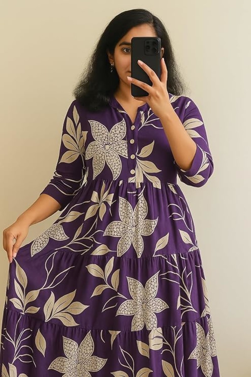 Blue Floral Printed Long Dresses Soft & Breathable Fabric