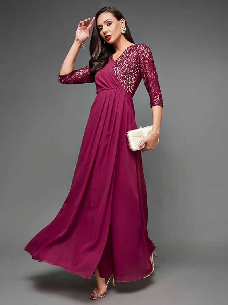 Women's V-Neck Cap Sleeved Solid Wrap Maxi Dress