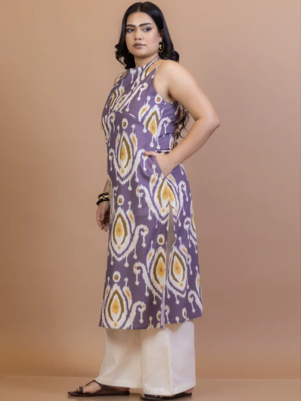 Purple Ikat Cotton Apron Neck Straight Kurta 3