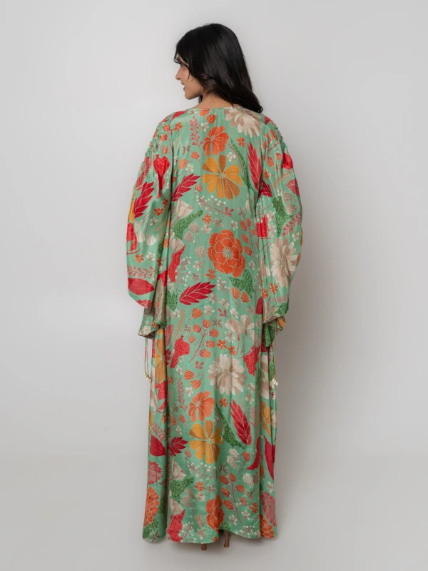 Green Floral Printed Kaftan Dress With Blouse 6