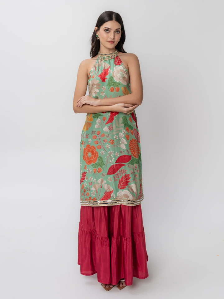 Green Floral Printed Kurta With Matching Skirt