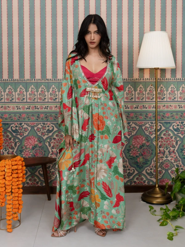 Green Floral Printed Kaftan Dress With Blouse 3