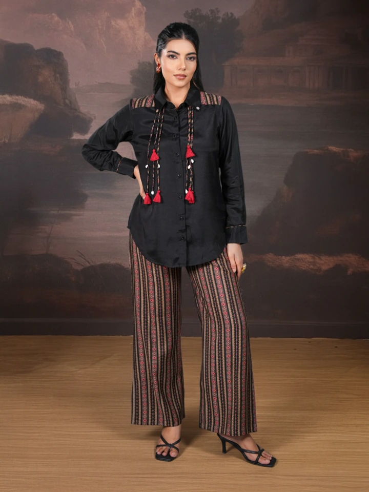 Black Ethnic Co-ord Set with Shirt And Pant
