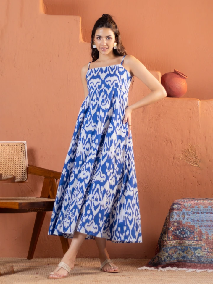 Blue Ikat Cotton Fit and Flare Maxi Dress