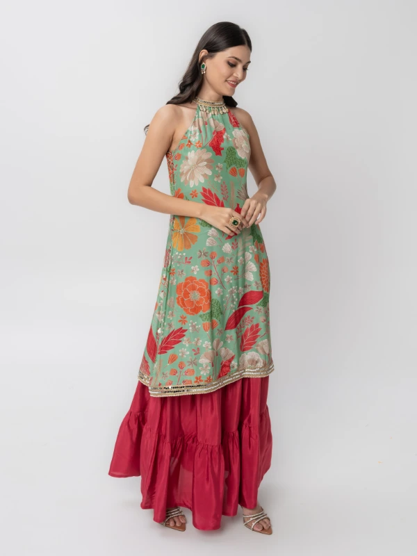 Green Floral Halter Neck Kurta Skirt Set 5