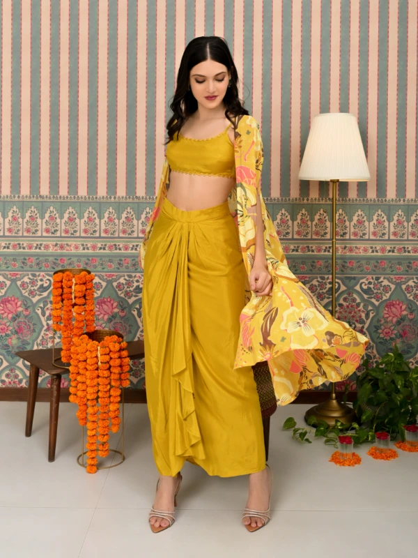Yellow 3-Piece Coord Set With Shrug, Crop Top & Dhoti Skirt 4