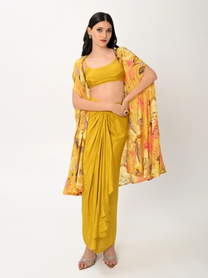 Yellow 3-Piece Coord Set With Shrug, Crop Top & Dhoti Skirt
