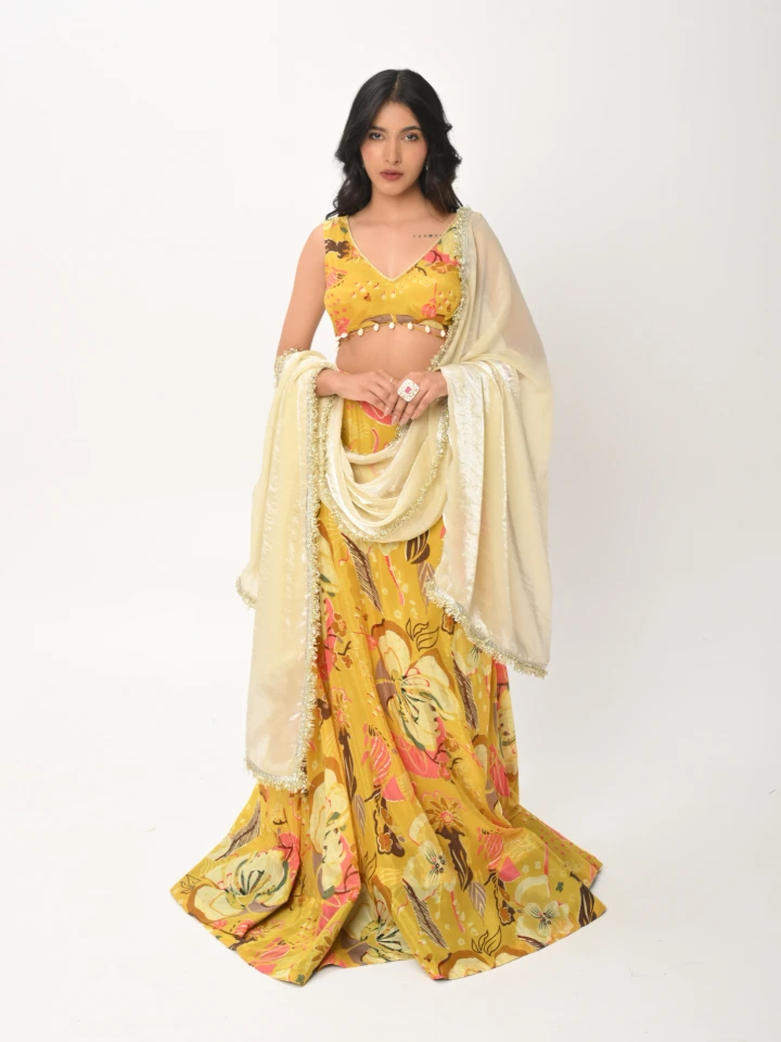 Yellow Floral Printed Lehenga With Dupatta For Festive Wear
