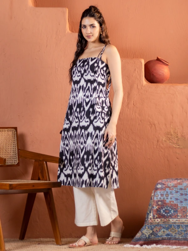 Black Ikat Cotton Spaghetti Strap Kurta 2