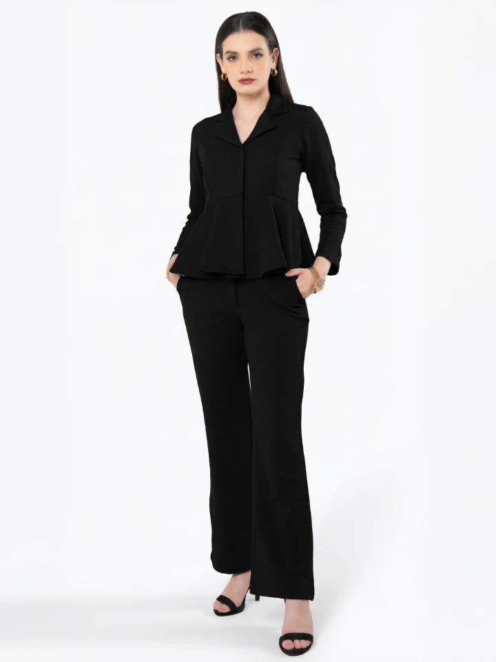 Black Peplum Top And Flared Pant Co-Ord Set