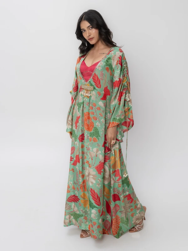Green Floral Printed Kaftan Dress With Blouse 7