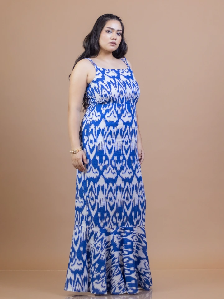 Blue Ikat cotton mermaid maxi dress