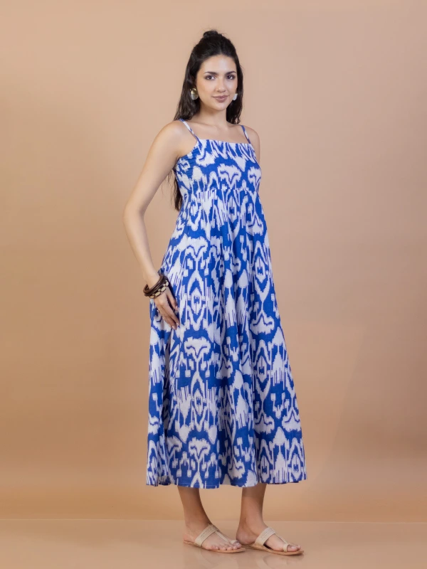 Blue Ikat Cotton Fit and Flare Maxi Dress 7