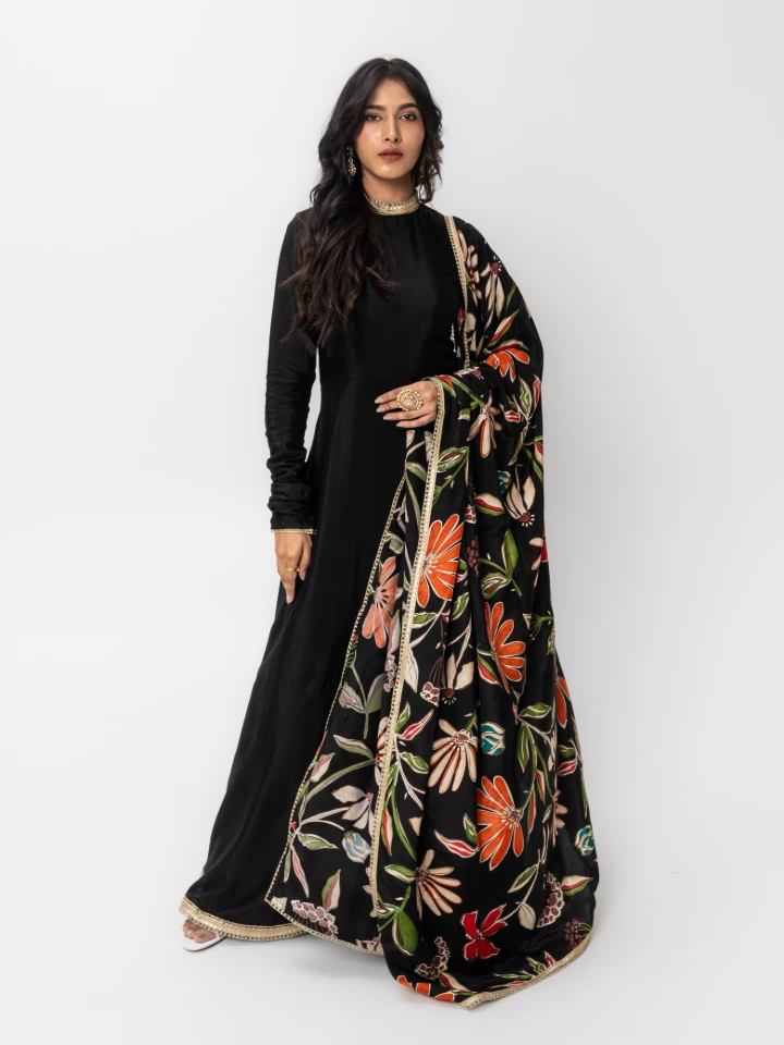 Black Long Anarkali Dress With Floral Printed Dupatta