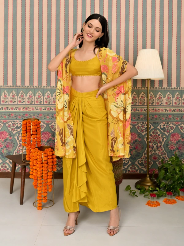 Yellow 3-Piece Coord Set With Shrug, Crop Top & Dhoti Skirt 2