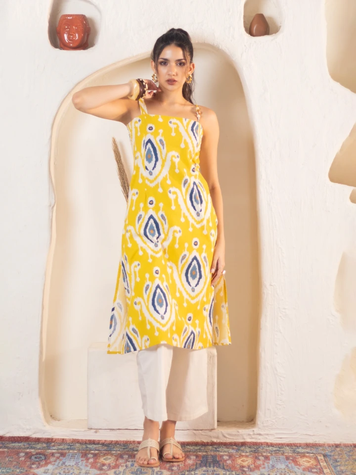 Yellow Ikat Cotton Straight Kurta