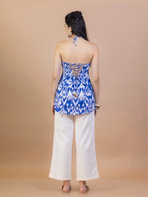 Blue Ikat Cotton Halter Neck Kurti 3