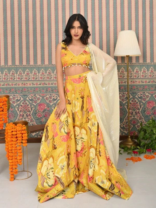 Yellow Floral Printed Lehenga With Dupatta For Festive Wear 3
