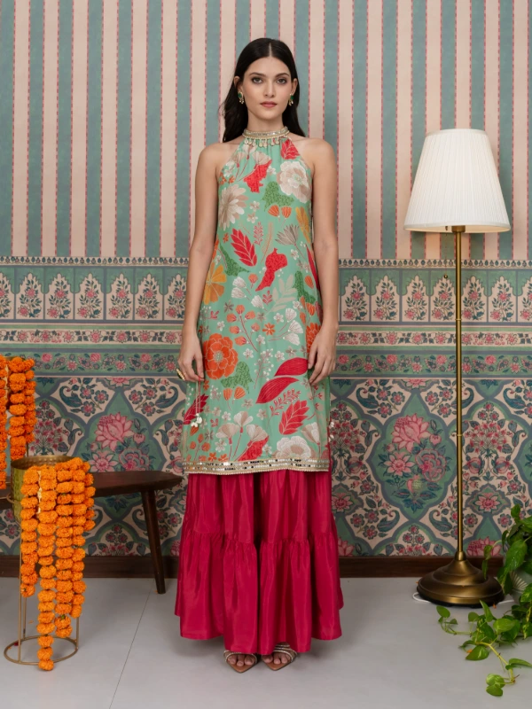 Green Floral Printed Kurta With Matching Skirt 3
