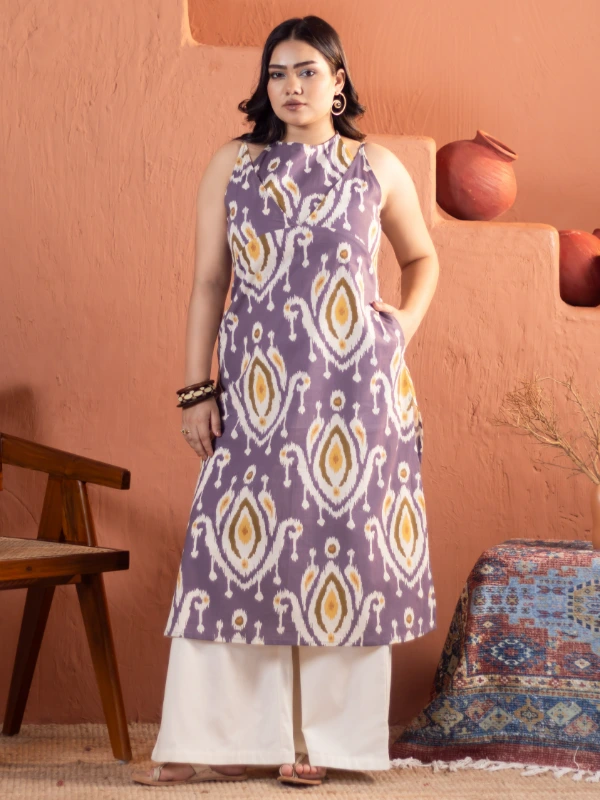 Purple Ikat Cotton Apron Neck Straight Kurta 1