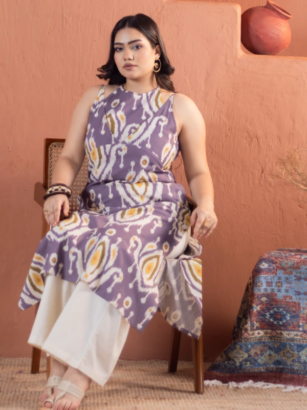 Purple Ikat Cotton Apron Neck Straight Kurta 2