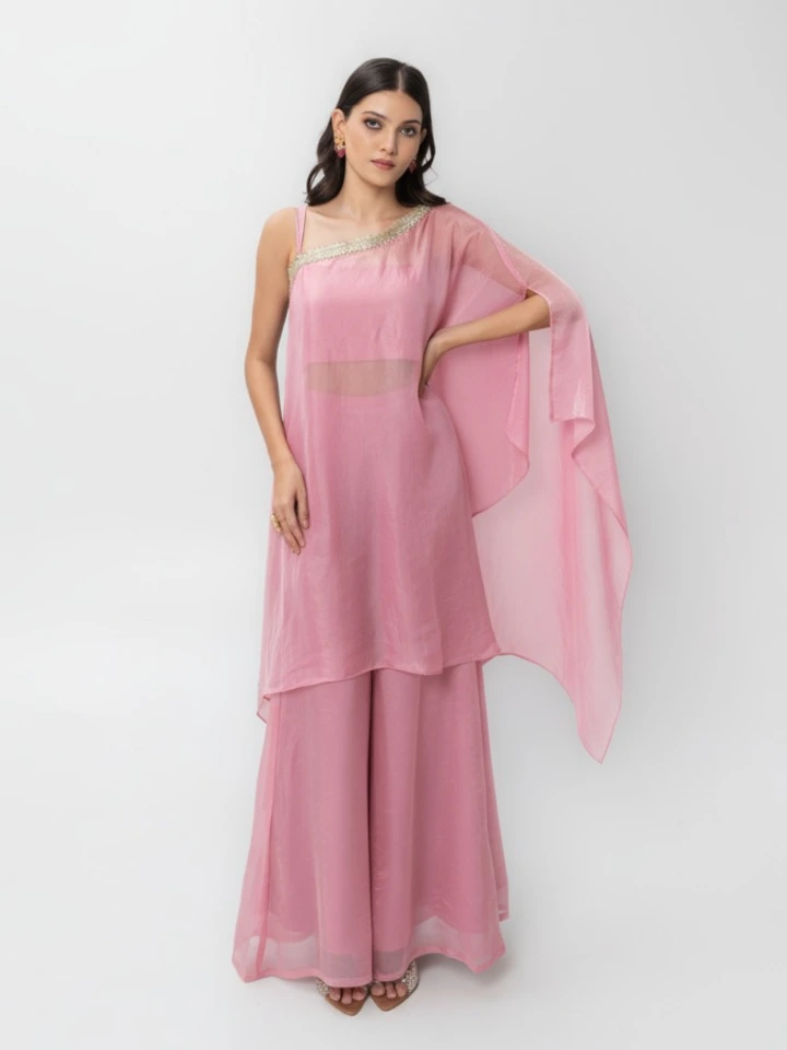 Pink 3-Piece Co-Ord Set With Cape Kaftan, Cami Top & Flared Pants