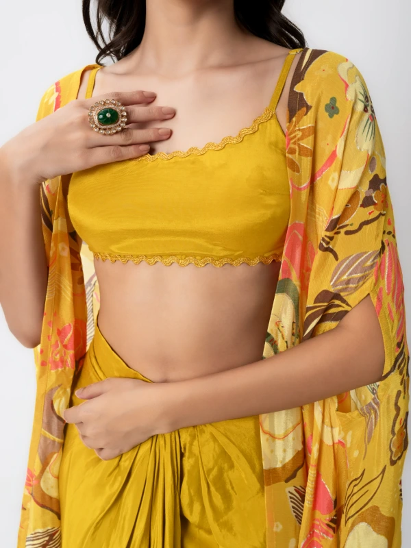 Yellow 3-Piece Coord Set With Shrug, Crop Top & Dhoti Skirt 3