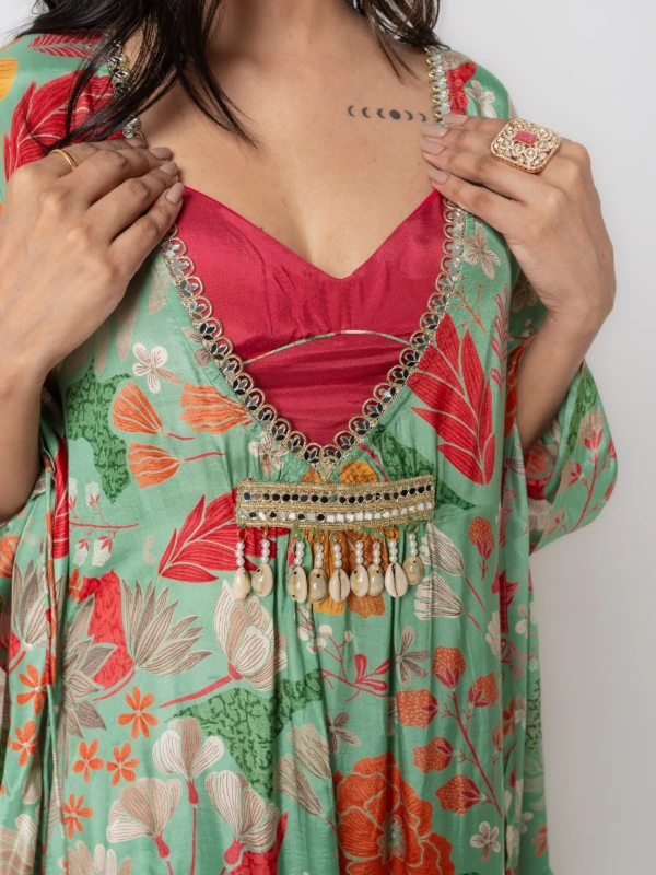 Green Floral Printed Kaftan Dress With Blouse 5