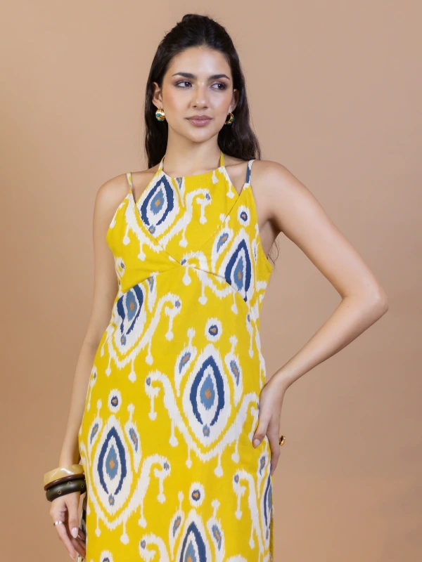 Yellow Ikat Cotton Halter Neck Straight Kurta 1