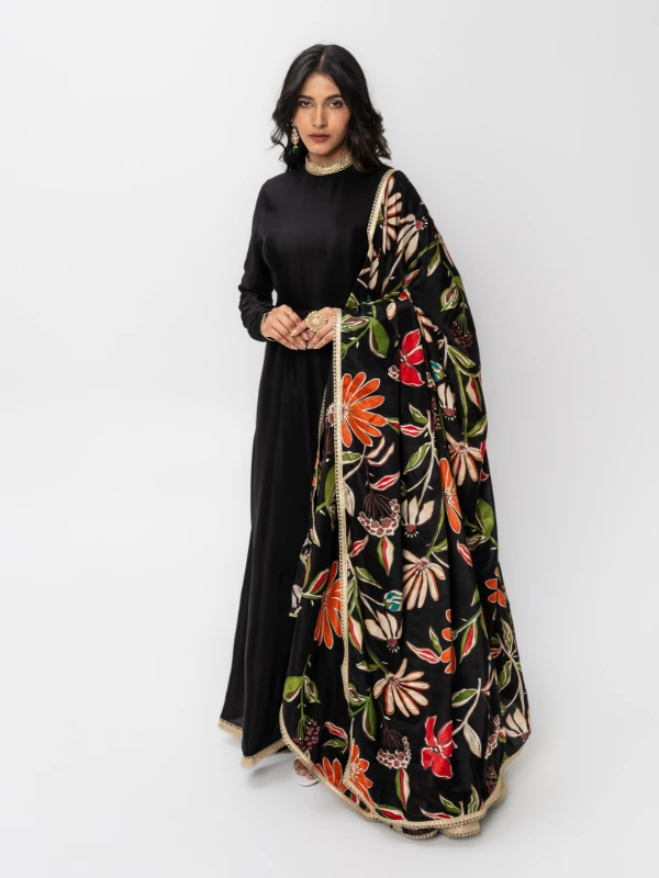 Black Long Anarkali Dress With Floral Printed Dupatta 2