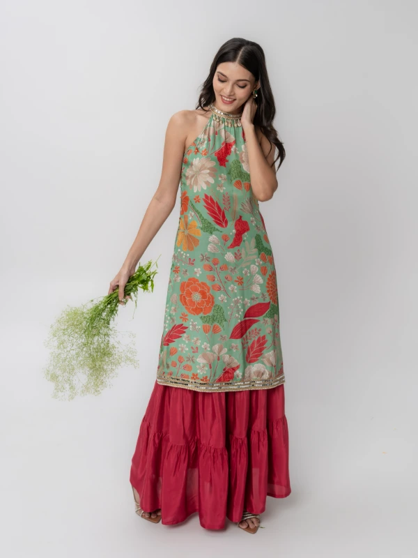 Green Floral Printed Kurta With Matching Skirt 4