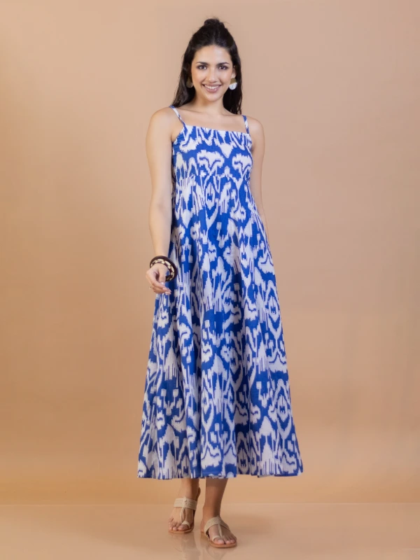Blue Ikat Cotton Fit and Flare Maxi Dress 3