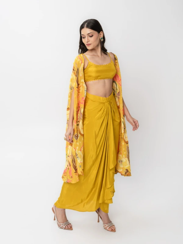 Yellow 3-Piece Coord Set With Shrug, Crop Top & Dhoti Skirt 1