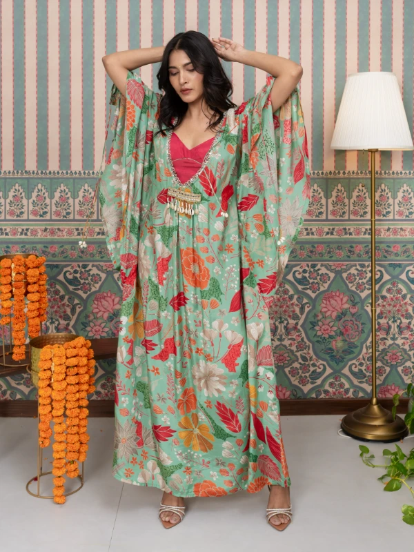 Green Floral Printed Kaftan Dress With Blouse 2