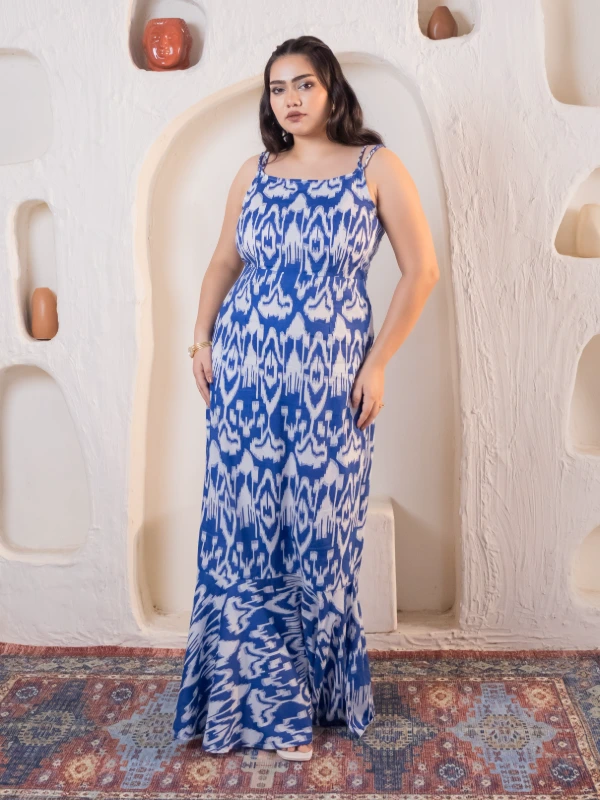 Blue Ikat cotton mermaid maxi dress 2