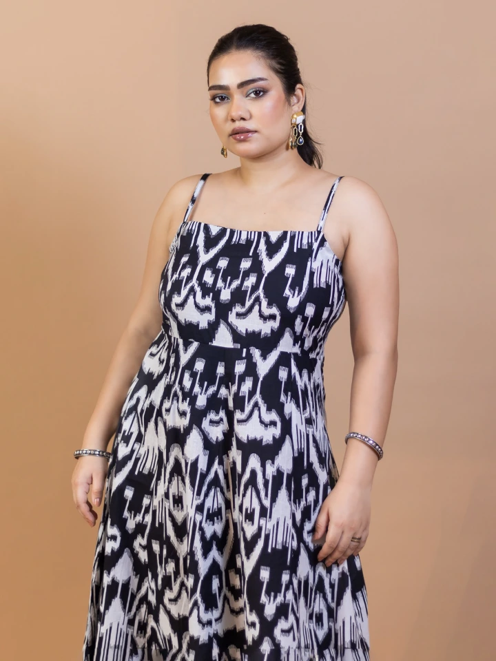 Black Ikat cotton fit and flare maxi dress