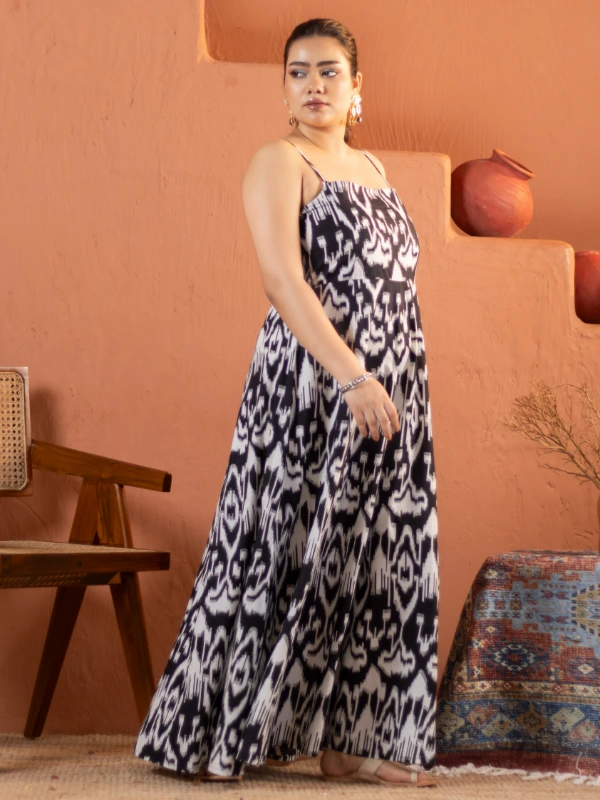 Black Ikat Cotton Fit and Flare Maxi Dress 1