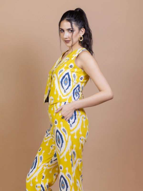 Yellow Ikat Waistcoat Pant Cotton Co-ord Set 1