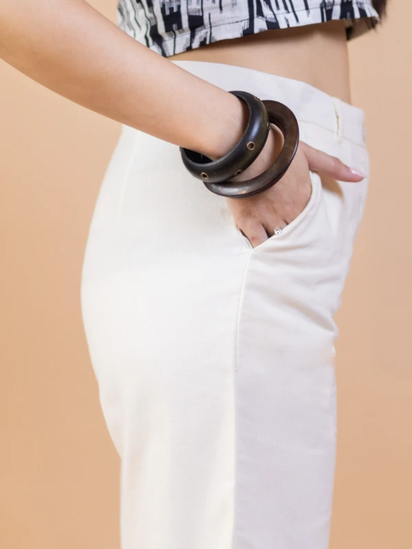Off White Cotton Straight Fit Pants 1