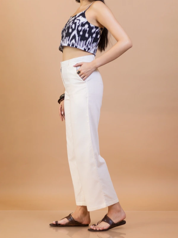 Off White Cotton Straight Fit Pants 3