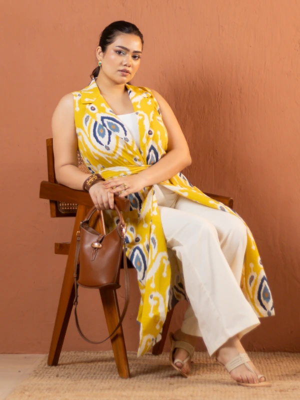 Yellow Ikat Cotton Long Shrug 6