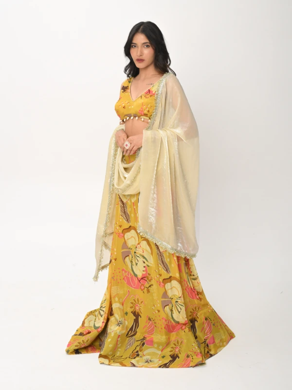 Yellow Floral Printed Lehenga With Dupatta For Festive Wear 5