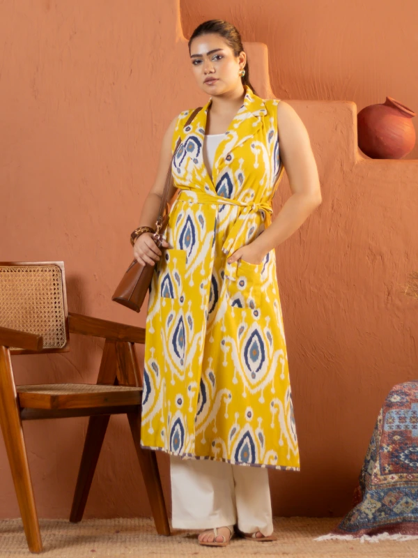 Yellow Ikat Cotton Long Shrug 5