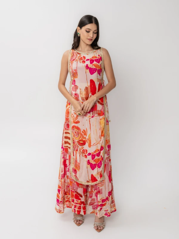 Pink 3-Piece Coord Set With Kurti, Crop Top & Flared Pants 3