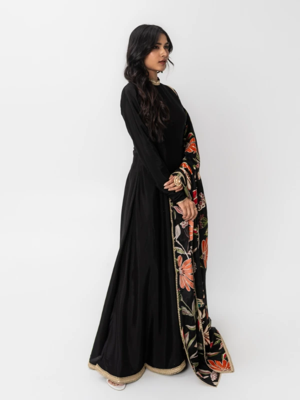 Black Long Anarkali Dress With Floral Printed Dupatta 5
