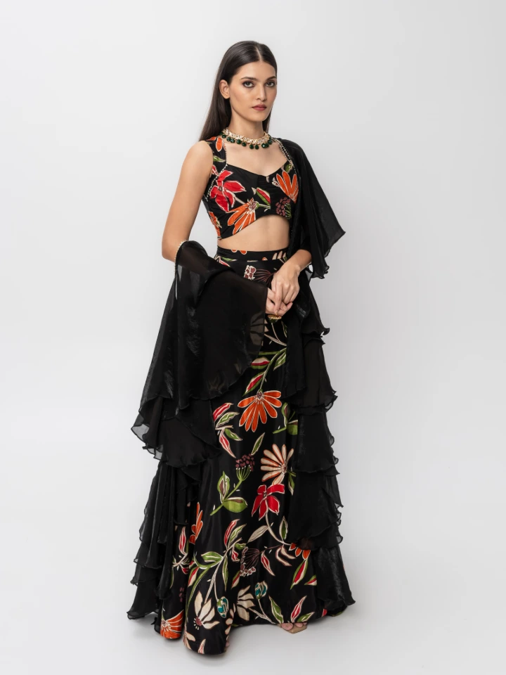 Black floral print lehenga with dupatta set