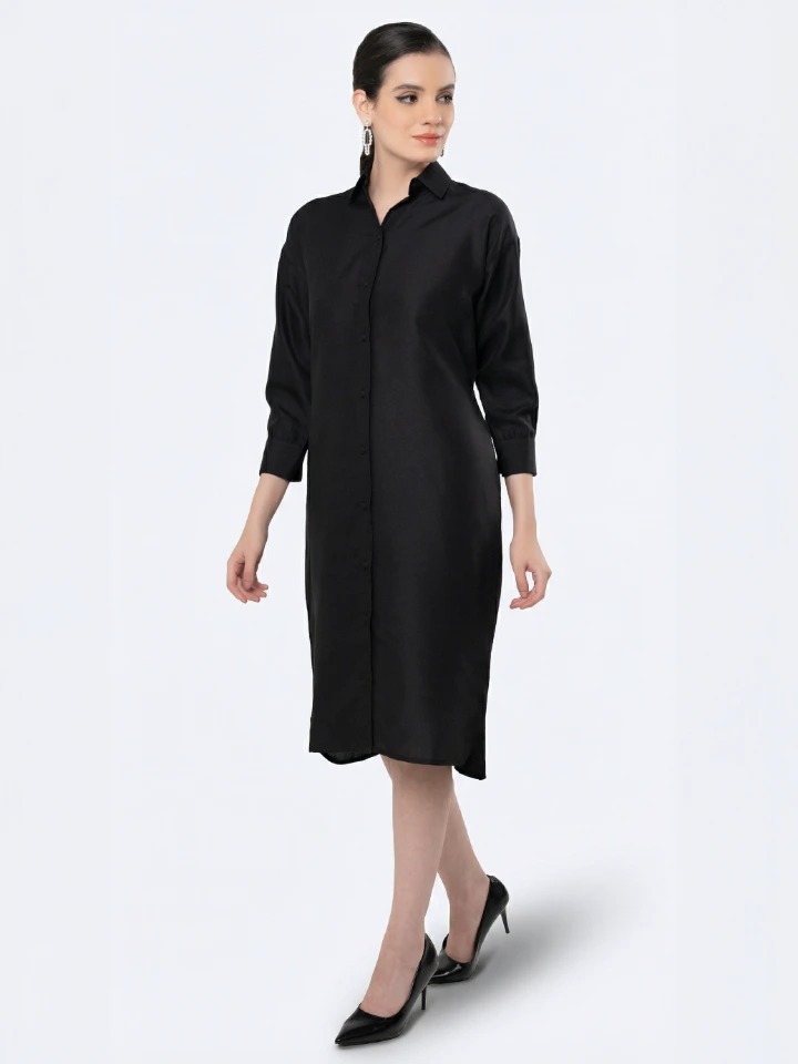 Black Long Shirt Dress For Casual Or Formal Wear