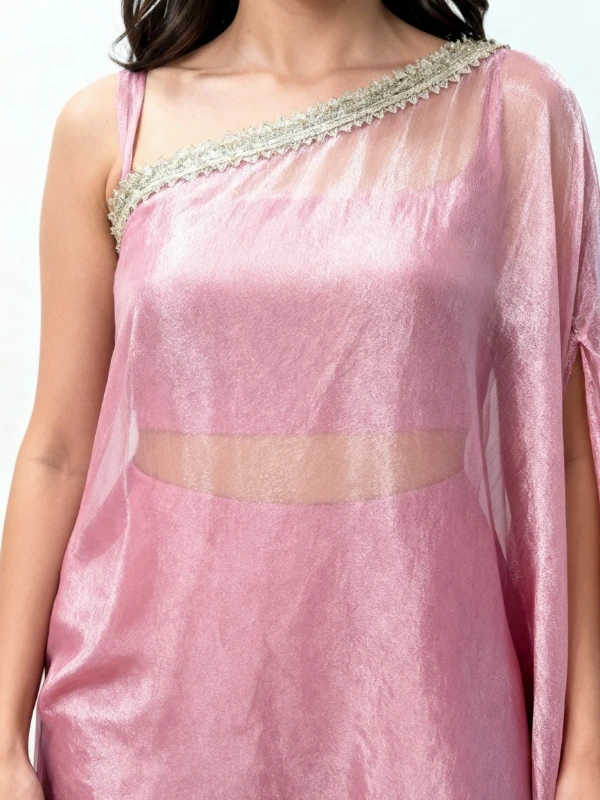 Pink 3-Piece Co-Ord Set With Cape Kaftan, Cami Top & Flared Pants 3