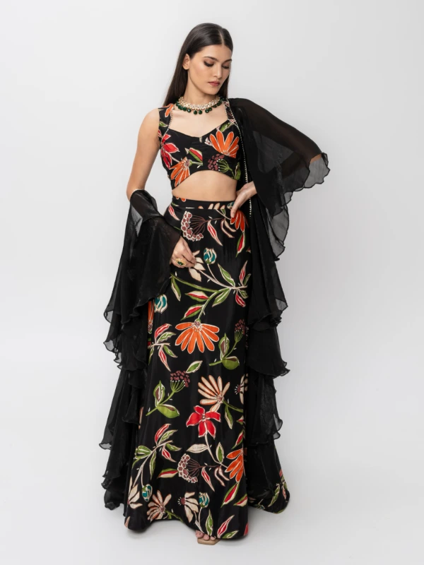 Black Floral Print Lehenga With Dupatta 3