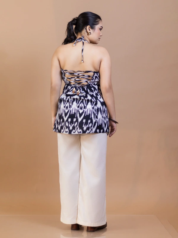 Black Ikat Cotton Halter Neck Kurti 3